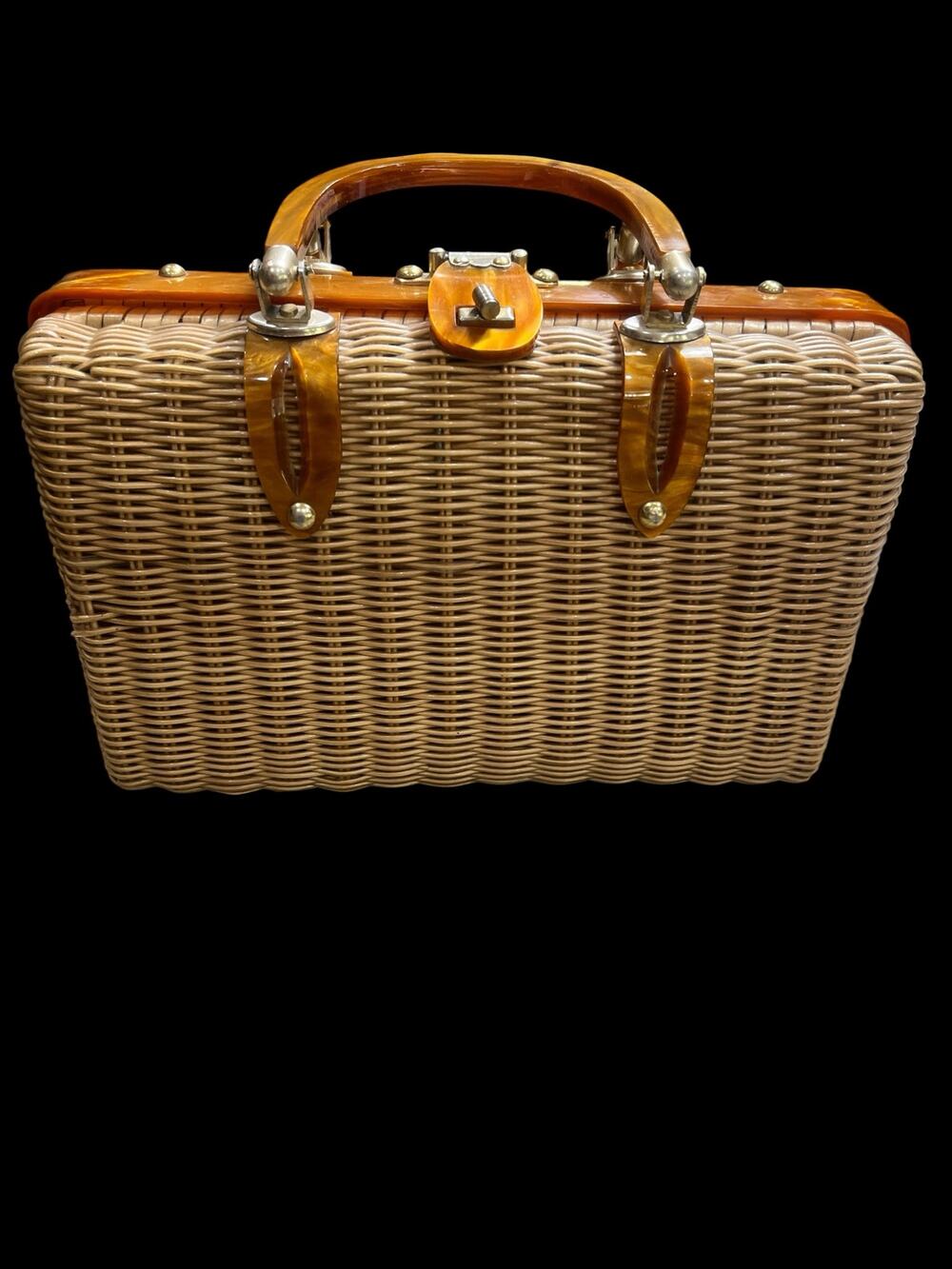 Vtg By Stylecraft Woven Wicker Box purse-Amber toned Lucite Swivel handles